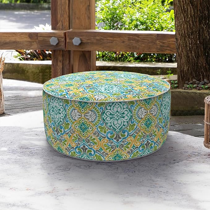 LVTXIII Indoor/Outdoor Inflatable Ottoman, D31 x H14 Inch Large Round Ottoman, All Weather Foot Rest Stool, Portable Footrest for Patio, Garden, Camping and Home - Damask Green
