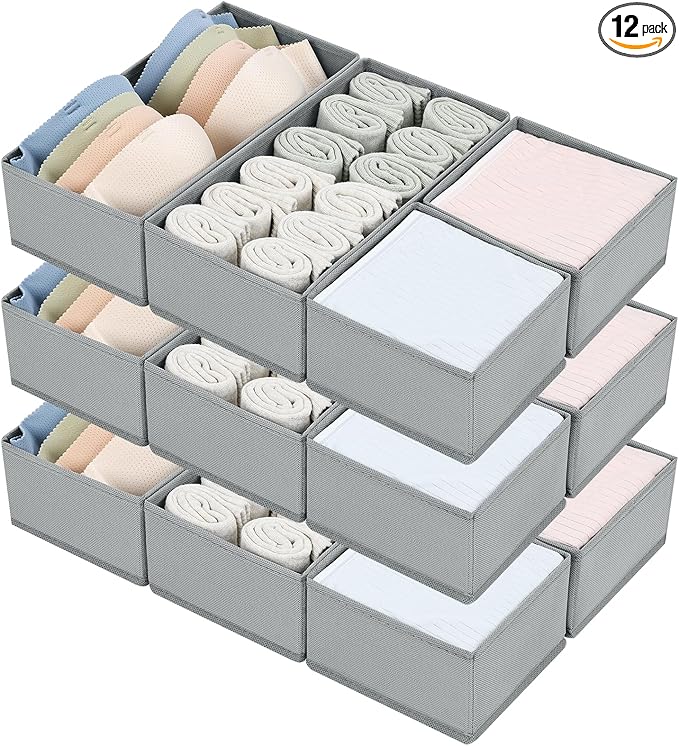 DIMJ Drawer Organizers for Clothing, Set of 12 Dresser Drawer Organizers, Fabric Closet Organizers and Storage, Drawer Dividers for Baby Clothes, Socks, Belt, Tie (Grey)