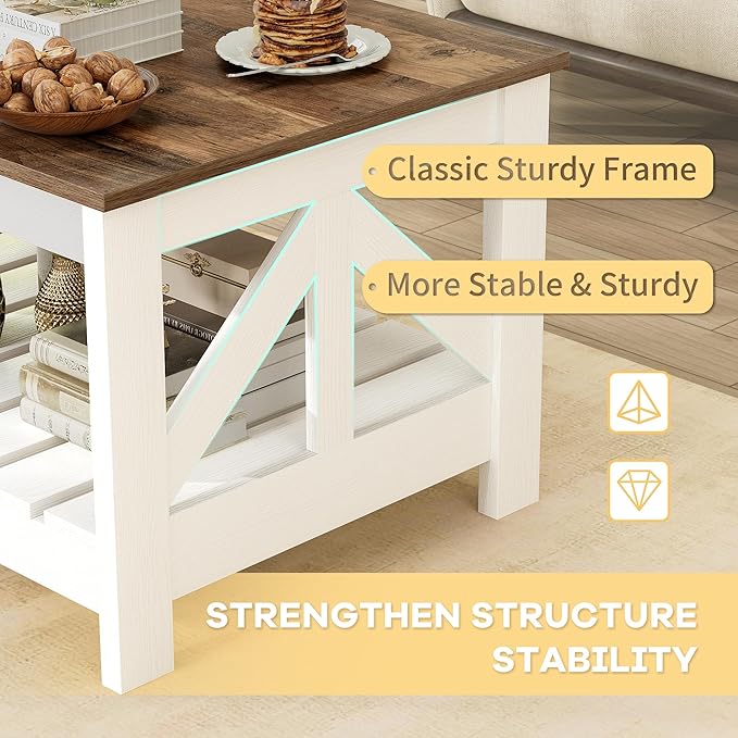 JUMMICO 39” Farmhouse Coffee Table for Living Room, 2-Tier Modern Living Room Table with Storage Shelf, Rustic Rectangular Center Table Space Saving Home Furniture (Rustic Oak & White)