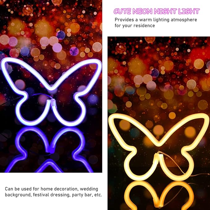 Riakrum 2 Pcs Butterfly Neon Signs LED Light 3AA Battery Powered USB Operated Wall Neon Light Decor Butterfly Wall Art for Christmas Home Bedroom Birthday Party Decor(Blue, Warm White)