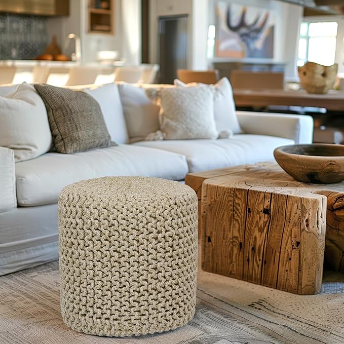 COTTON CRAFT Braided Round Pouf - Hand Knitted Cotton Tweed Cord Cable Dori Cylindrical Ottoman - Foot Stool Floor Pouf Footrest Accent Furniture - Family Room Bedroom Dorm Décor - 15" x 16" - Natural