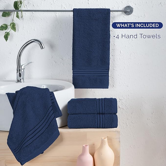 Elegant Comfort Premium Turkish Cotton 4 Pack Hand Towel Set - 16 x 28 inch, Luxurious Hotel Spa Quality 100% Turkish Cotton 4PC Hand Towel Set - Highly Absorbent - Soft Bathroom Towels, Navy Blue