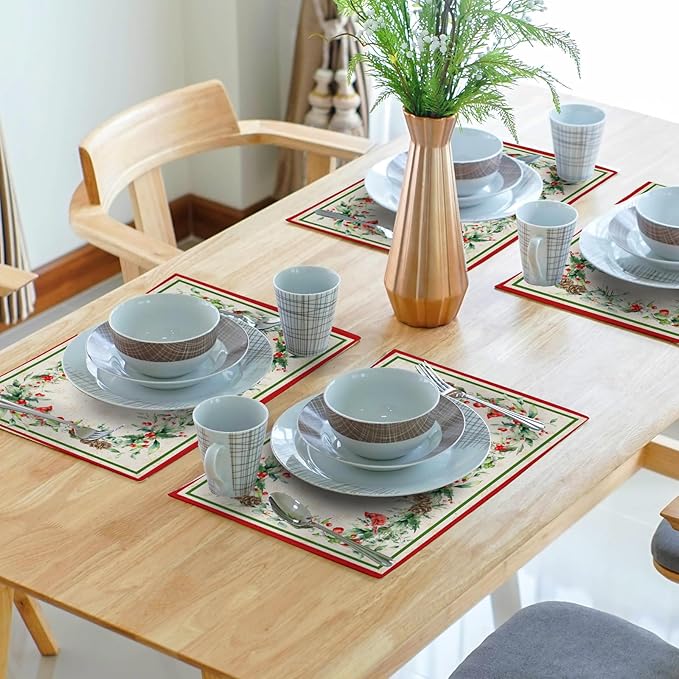 Winter Holly Branches Placemats Set of 4, Xmas Red Birds Pine Cone Dining Table Place Mats Linen Fabric Desk Top 12 x 18 Inch for Seasonal Holiday Home Kitchen Decor