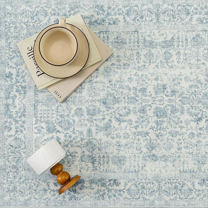 Blue Runner Rug 2x8 Hallway Machine Washable Kitchen Vintage Distressed Non Slip Long Carpet Indoor Retro Floral Bedroom Accent Throw Rug for Bathroom Office Laundry Dining Room