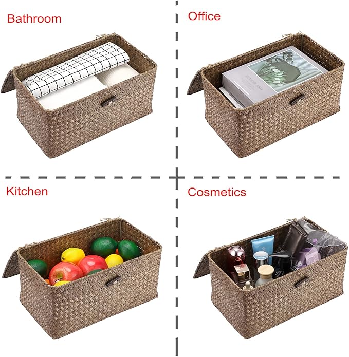 Hipiwe Wicker Shelf Baskets Bin with Lid, Handwoven Seagrass Basket Storage Bins Rectangular Household Basket Boxes for Shelf Wardrobe Home Organizer, Coffee Medium