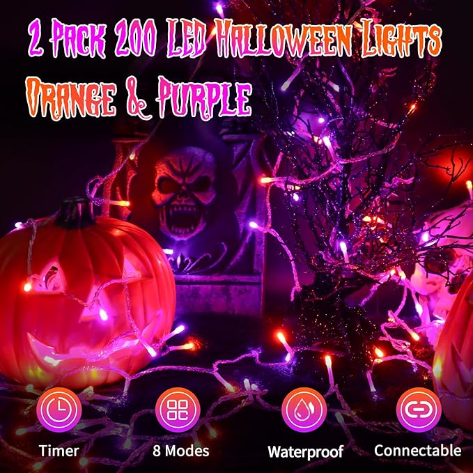 JXLEDAYY 2 Pack Each 66ft 200 LED Halloween Lights Outdoor Decorations 8 Modes Fairy Lights Plug in String Light with Timer for Outside House Yard Tree Stairs Party Holiday Decor-Orange and Purple