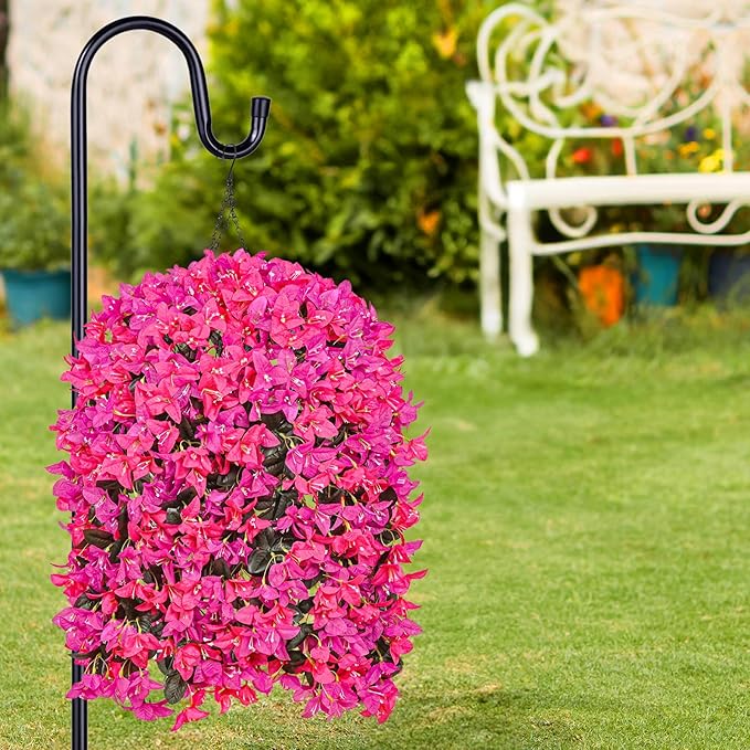 8 Pcs UV Resistant Artificial Flowers for Outdoors, Realistic Faux Silk Bougainvillea Flowers, Fake Hanging Plants for Porch Patio Balcony Decoration (Rose red & Purple)