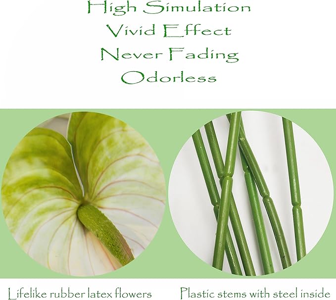 10pcs Artificial Anthurium,28 Inch Faux Tropical Plants Tailflowers,Realistic Flamingo Flower for Home Decor Centerpiece Wedding Bouquet Bonsai,Whitish Green
