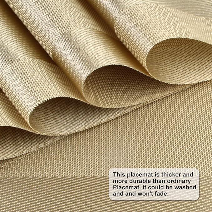DACHUI Placemats Set of 6, Stylish Woven Place Mats for Dining Table, Washable & Durable PVC Table Mats (Gold)