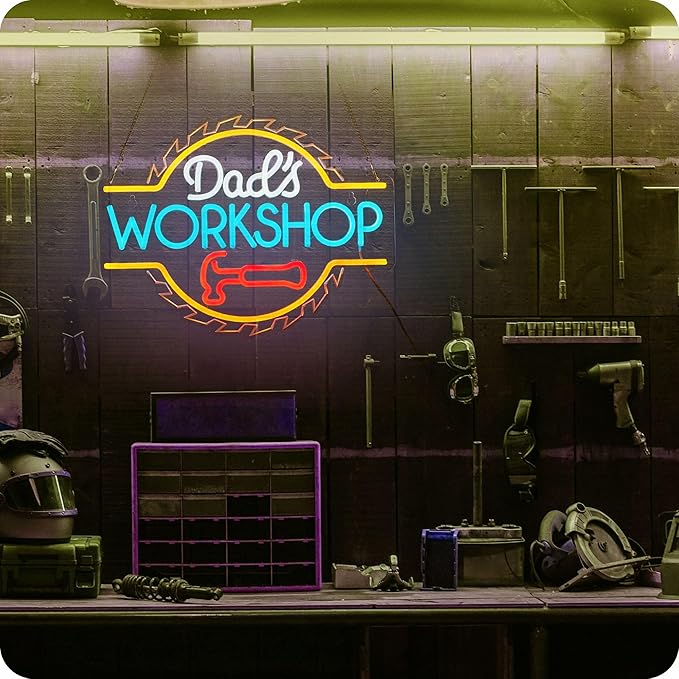 Dad's Workshop Neon Sign for Wall Decor Garage LED Light Car signs for Auto Repair Shop Man Cave Gift for Father 12.6 x 16.5 in (White Orange)