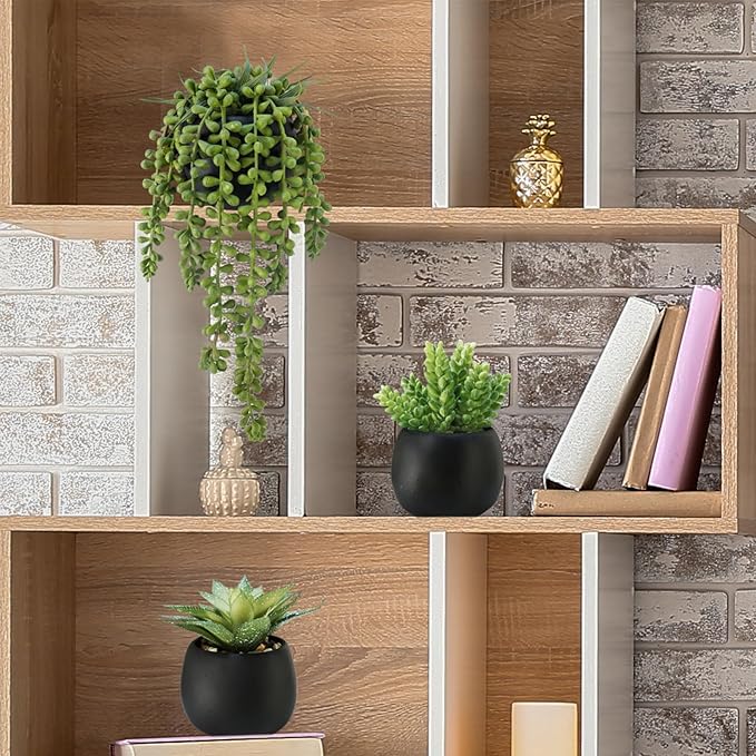 Winlyn Set of 3 Artificial Succulents Plants in Black Cement Planters Faux Potted Plants Aloe String of Pearls Donkey Tail Small House Plants 5" Tall for Table Shelf Home Office Bathroom Living Room