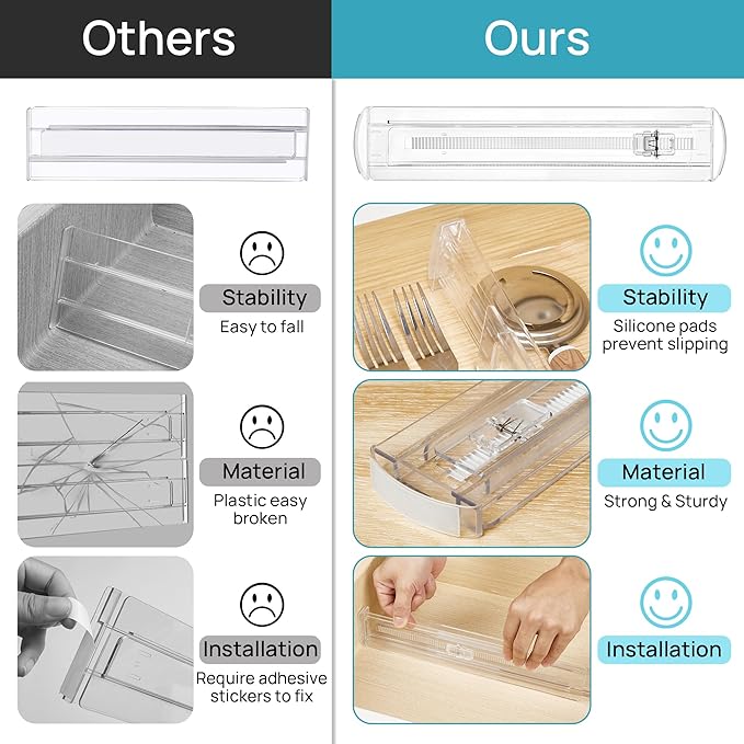 Vtopmart 8 Pack Shallow Drawer Dividers, 2.3" High 12.6"-21.2" Adjustable Expandable Kitchen Drawer Organizer, Clear Plastic Organizer Separators for Flatware, Utensil, Cutlery, Underwear, Clothes