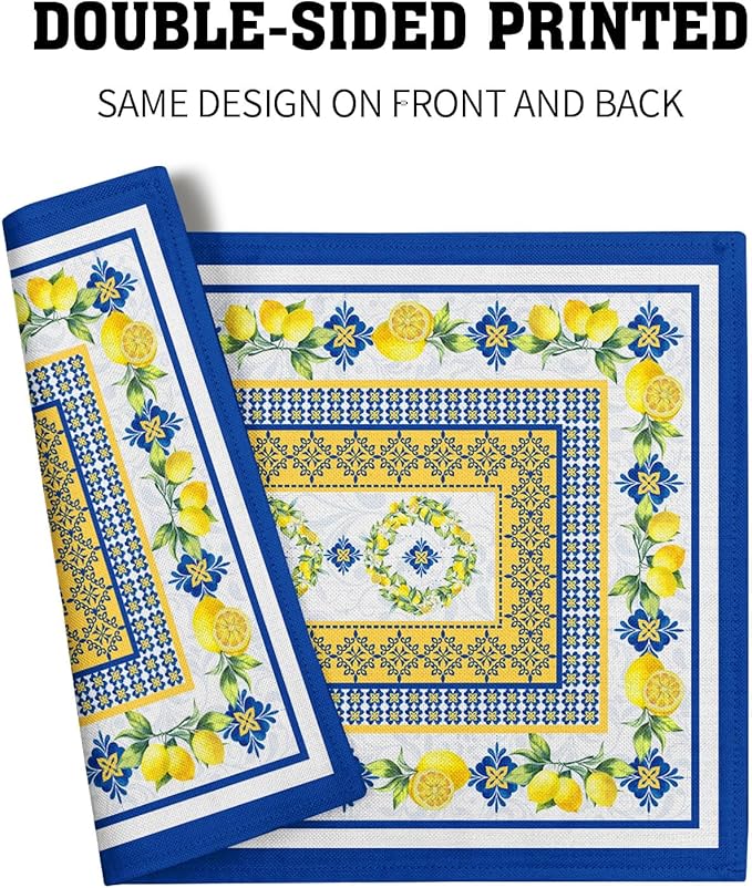 Lemon Summer Table Placemats for Dining 12 x 18 Inch Set of 4,Blue Yellow Boho Heat-Resistant Washable Table Non-Slip Rectangle Place Mat for Seasonal Party Kitchen Dining Table Decor