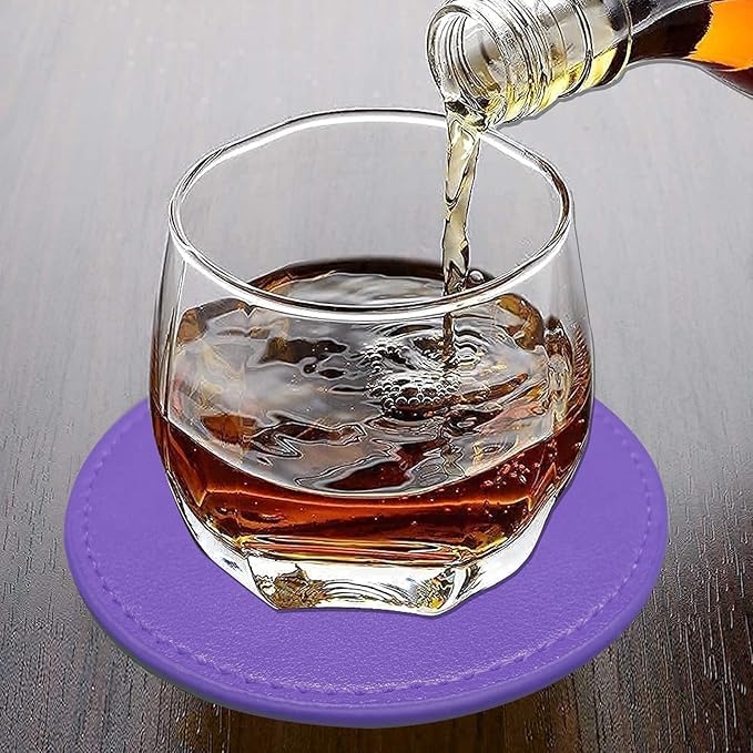 Coasters Set of 6 Soft Leather Drink Coaster Round Coaster with Sewing Around, Suitable for Various Cups, Wooden Tables,Home Decoration,4 Inches (Dark Purple,Sewing Type)