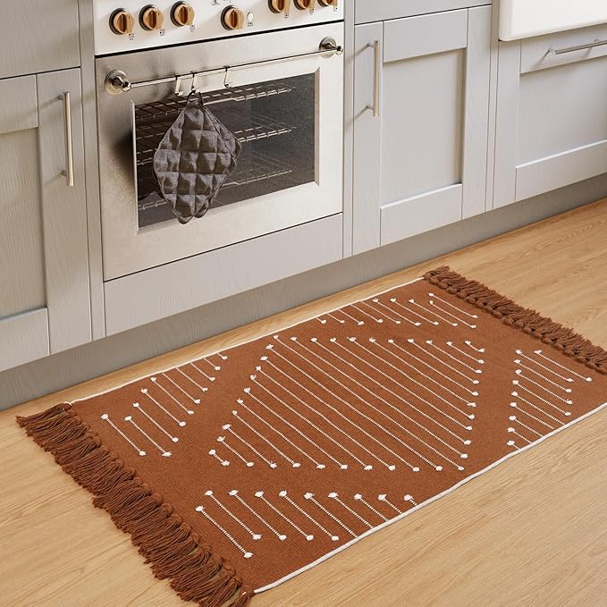 LIVEBOX Boho Bathroom Rug 2' x 3' Washable Burnt Orange Small Moroccan Throw Rug for Bath,Cotton Woven Area Rug Carpet with Tassel for Entryway Kitchen Sink Front Door Fall Bathroom Decor