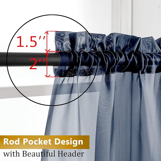 Aiyufeng Navy Blue Sheer Window Curtain Panels 54 Inch, Set of 2, Light Filtering Solid Voile Kitchen Curtains Drapes for Small Window/Kid's Room/Bathroom/Living Room/Bedroom, Rod Pocket, 40W x 54L