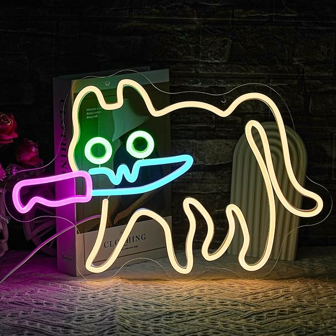 Cat Neon Sign for Wall Decor Knife Neon Light Cautiously Cat LED Neon Sign White LED Neon Light for Bedroom Zoo Cat Cafe Cat House Store Home Men Cave Home Bar Decoration(16.9"*12.4")