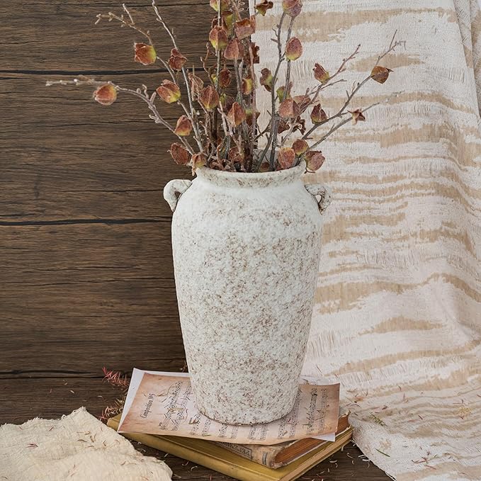 Ceramic Rustic Farmhouse Vase with 2 Handles, 12.2'' Tall Large Vintage Stoneware Clay Decorative Handmade Terracotta Pottery Flower Vase for Home Living Room Decor Table Entryway Grey White