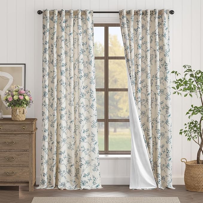 Lazzzy Farmhouse Linen Blue Floral Curtains 96 Inch Long Back Tab Drapes for Living Room Bedroom Light Filtering Country Vintage Rod Pocket, 2 Panels, Blue on Beige