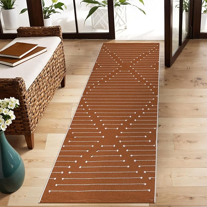 LIVEBOX Burnt Orange Runner Rug 2'x6' Boho Washable Rug for Hallway, Moroccan Woven Entryway Throw Area Rug Indoor Cotton Mat for Kitchen Bedroom Laundry Bathroom Entry