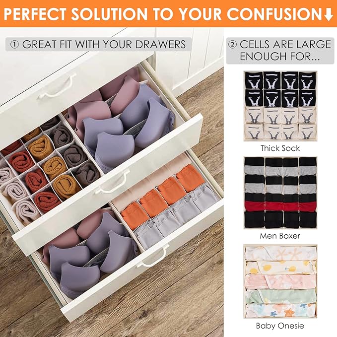3 Pack Bra Underwear Drawer Organizer Dividers, 26 Cell Fabric Foldable Dresser Closet Organizers and Storage Boxes for Baby Clothes, Bra, Socks, Underwear, Ties (5+5+16 Slots, Beige)