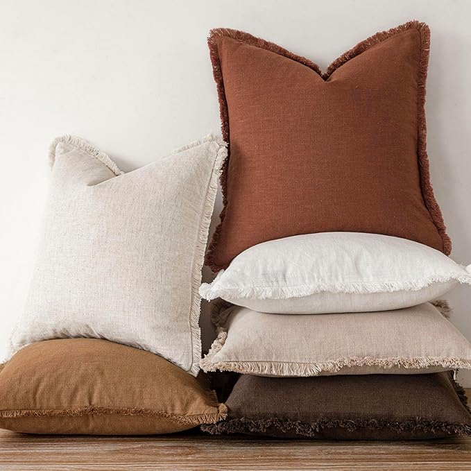 Foindtower Set of 2 Decorative Linen Fringe Throw Pillow Covers Farmhouse Cushion Cover with Tassels Soft Accent Pillowcase for Couch Chair Sofa Bed Living Room Home Decor,18×18 Inch,Fall Rust Orange