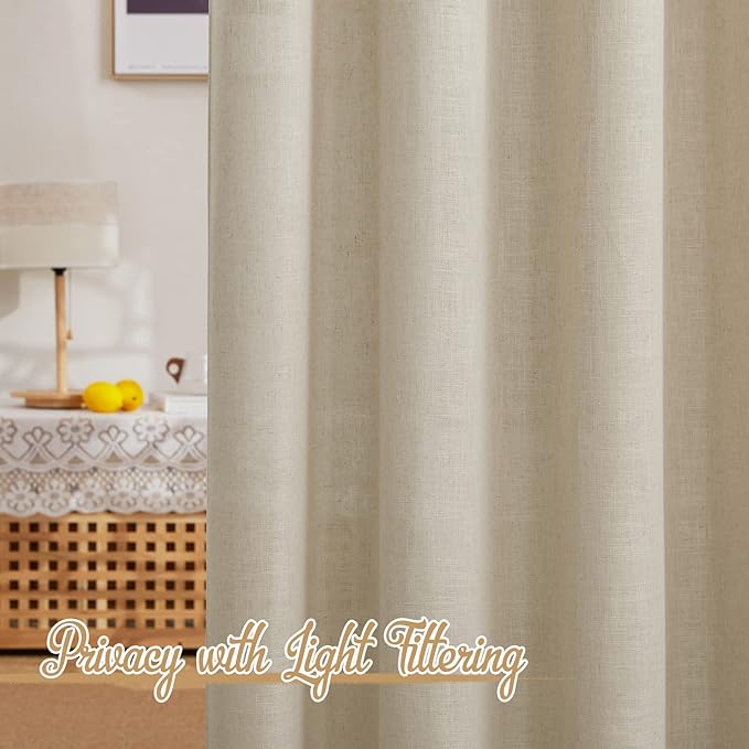 NICETOWN Linen Curtains Taupe 63 inch Long for Nursery, Grommet Top Semi Sheer Privacy Linen Weave Window Drapes Light Filtering for Bedroom/Home Office, W52 x L63, 2 Panels