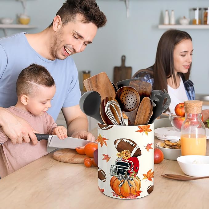pinata Fall Football Kitchen Decor Ceramic Utensil Holder, Farmhouse Fall Football Pumpkin Utensils Holder, Ceramic Utensils Crock for Rustic Indoor Kitchen Decorations(6.3 Inches)