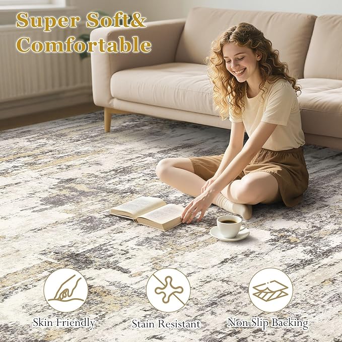 Area Rugs for Living Room: 6x9 Abstract Washable Rug Modern Neutral Large Soft Stain Resistant Non-Slip Backing Machine Table for Bedroom Dining Room Indoor Home Office Carpet - Gold Brown