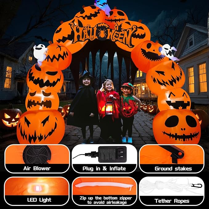 MGparty 10FT Halloween Inflatables Pumpkin Archway with LED Built-in Halloween Yard Decoration Blow Up Inflatable for Outdoor Indoor Garden Lawn (10Ft Pumpkin Archway)