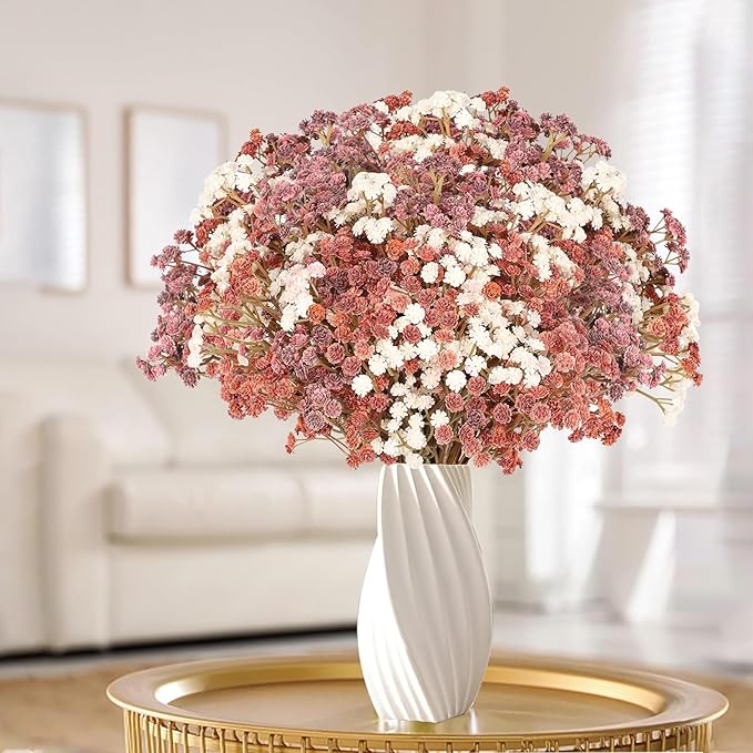 N&T NIETING Babys Breath Artificial Flowers Bulk, 24Pcs Fake Gypsophila Bouquet Flowers Real Touch Faux Babies Breath Arrangement for Wedding Floral Party Centerpieces Vase Decoration, Fall Orange