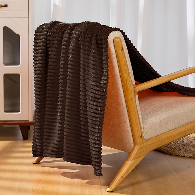 Vessia Flannel Fleece Queen Size Blanket(90x90 inch), 300GSM Cozy Brown Stripe Bed Blanket for Couch, Sofa and Bed, Warm and Soft Chocolate Microfiber Ribbed Decor for All Season