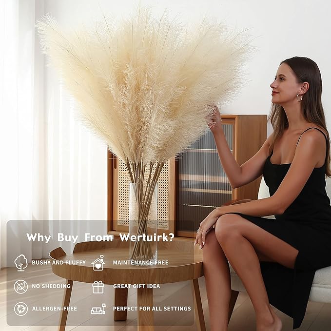8 Pcs 45 inch Tall Faux Pampas Grass Decor, Large Artificial Beige Pompous Grass Bulk, Long Fake Pompas for Floor Vase Filler, Wedding, Baby Shower, Home and Boho Decor (Beige)