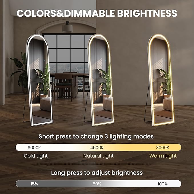Sweetcrispy Full Length Mirror with LED Lights, 60"x16" Lighted Floor Mirror with Dimming & 3 Color Lighting, Stand for Bedroom, Dressing Room, Arched