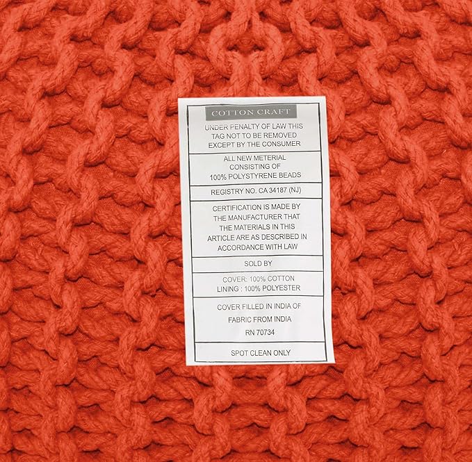 COTTON CRAFT Round Pouf - Hand Knitted Cotton Braid Cord Cable Dori Ottoman - Foot Stool Floor Pouf Footrest Accent Seat Furniture Bean Bag - Living Room Kids Room Nursery Dorm Décor - 20x14 - Orange