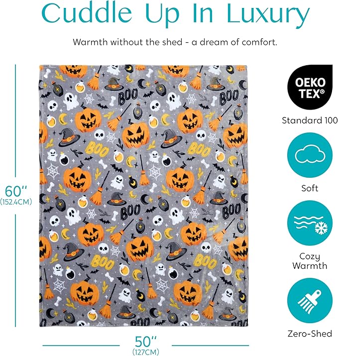 Joiedomi Halloween Throw Blanket - Soft Plush Witch's Hat Bat Ghost Pumpkin Blanket - Cozy Flannel Grey Halloween Decoration for Party Sofa Bed Living Room 50"x60"