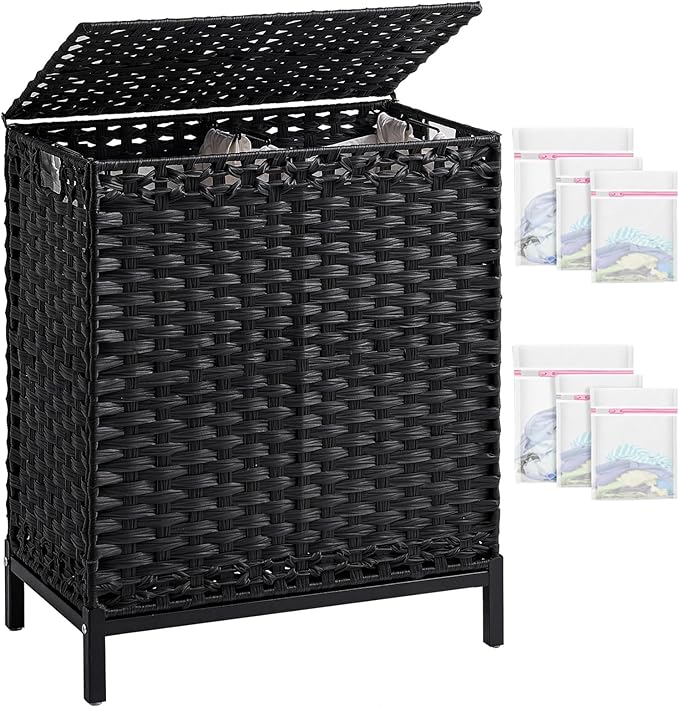 Laundry Hamper with Lid, 112 L Handwoven Rattan Wicker Laundry Basket, 2 Removable Liner Bags Metal Heightened Feet, 6 Mesh Bags, 2 Section Large Clothes Hamper for Bathroom Bedroom, Black