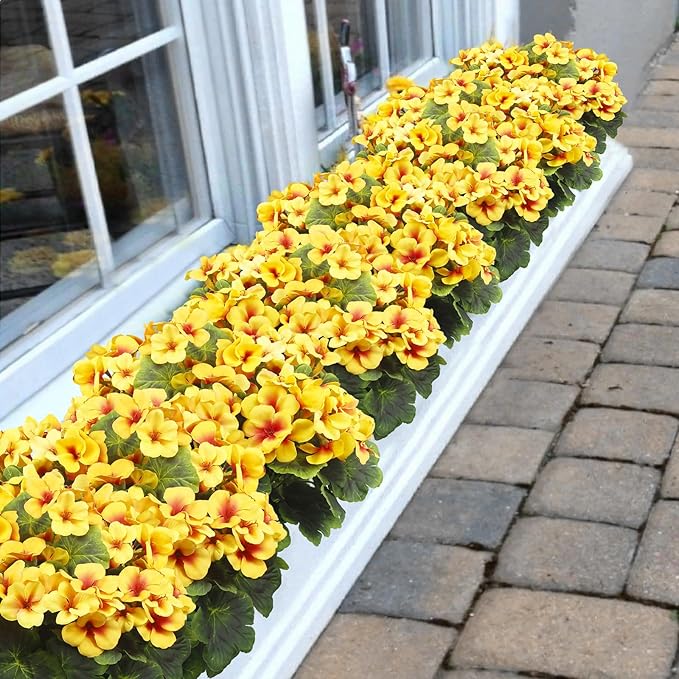 2 Pcs Artificial Geraniums for Outdoor Silk Geranium Flowers Yellow Artificial Geranium Bush Faux Flowers Geraniums Branch for Garden Patio Grave Cemetary Vase Table Centerpiece Indoor Decor