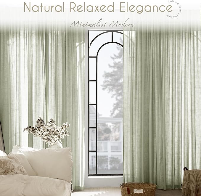 Linen Blend Sage Green Curtains 84 inch Length 2 Panels for Bedroom Back Tab Light Filtering Semi Sheer Drapes Linen Cotton Textured Light Green Airy Modern Farmhouse Living Room Sage Aesthetic Decor