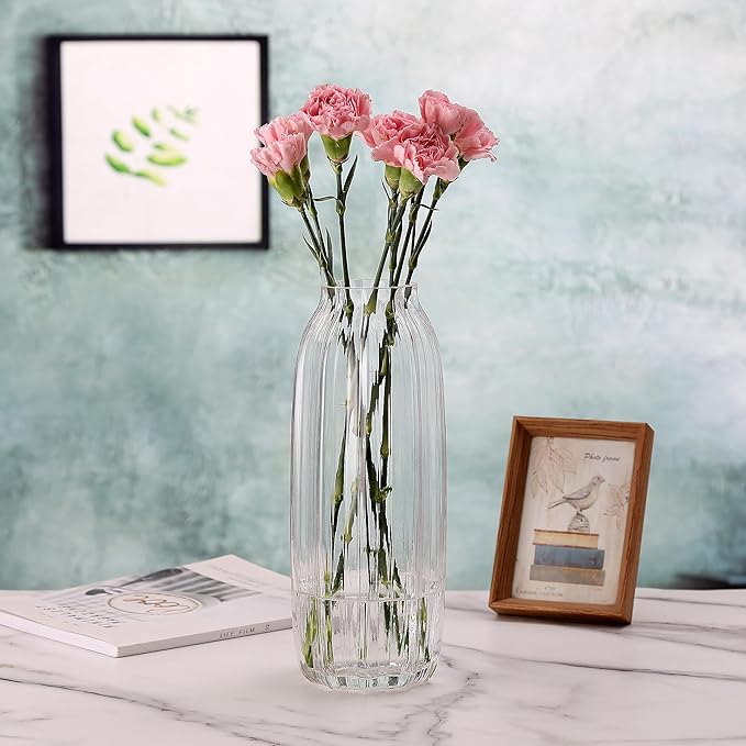 Large Clear Glass Vase for Flowers Bud Tall Glass Vases,H-12.6" Simple Striped Design for Home Floor Decor,Farmhouse Decor, Centerpiece Coffee Table Decorations