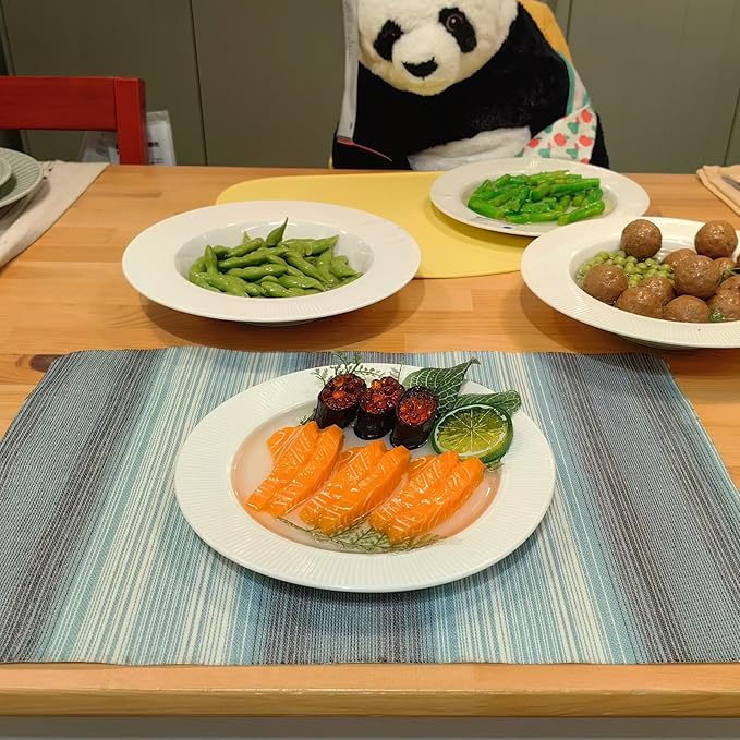 Green Stripes Table Cloth Set - Placemats Set of 4 & 6, Washable Textile Mats 12"x18"