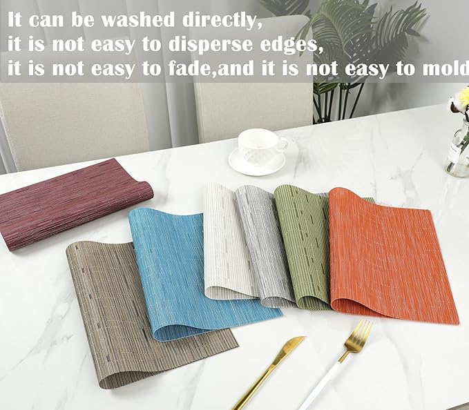 Zupro Placemats Set of 4 Washable Heat-Resistant Non Slip Braided Table Mats Woven PVC Vinyl Kitchen Dining Patio Table Place Mats for Dinner Parties BBQs Indoor and Ourdoor Use.18"x12"(Bamboo-Beige)