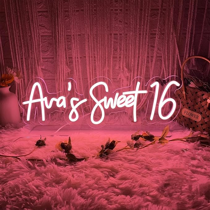 Custom Name Sweet 16 Neon Sign Sweet 16 Neon Light USB Powered with Dimmer Switch Neon Lights for Girls Room Home Art Wall Decor 16th Birthday Party Window Living Room Decor Birthday Gift for Kids