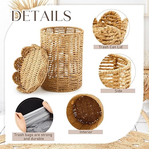 Ctosree 1.3 Gallons Small Wicker Trash Can with Lid Handle Woven Wicker Rattan Bathroom Waste Basket Boho Trash Basket with 100 Plastic Garbage Bags for Bedroom Office Laundry (Scalloped Style)