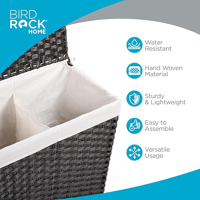 BIRDROCK HOME Laundry Hamper with Lid - Hand Woven PE Rattan Divided Sorter with Removable Liner Bags - Large Collapsible & Foldable Bin Clothes Basket Organizer for Bedroom & Bathroom - Double, Brown