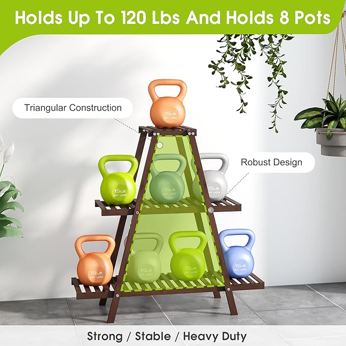 BMOSU Plant Stand Bamboo for Indoor Outdoor Tiered Plant Shelf 8 Potted Flower Holder Ladder Rack Garden Balcony Living Room Patio(3 Tier Brown)