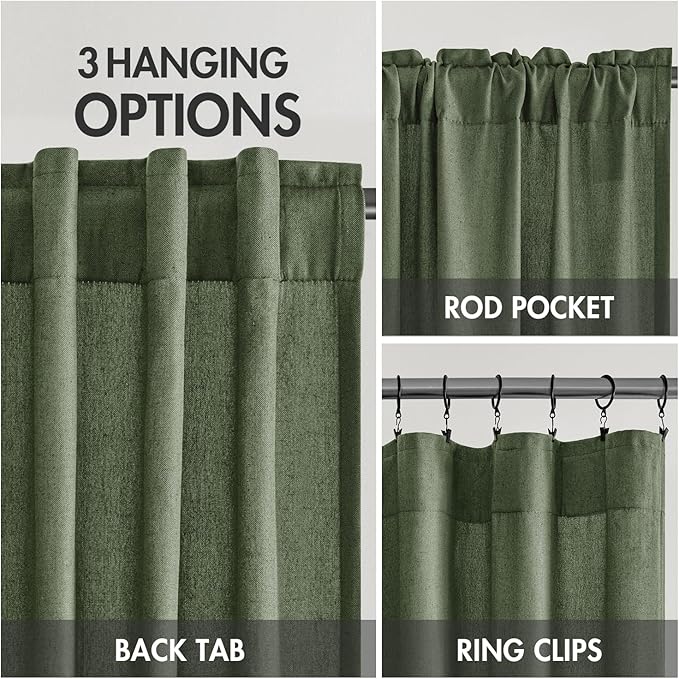 MIULEE Non-See-Through Privacy Linen Curtains 2 Panels, Olive Green Light Filtering Window Curtains Farmhouse Textured Back Tab Semi Sheer Drapes for Bedroom Living Room 90 Inches Long Dark Green