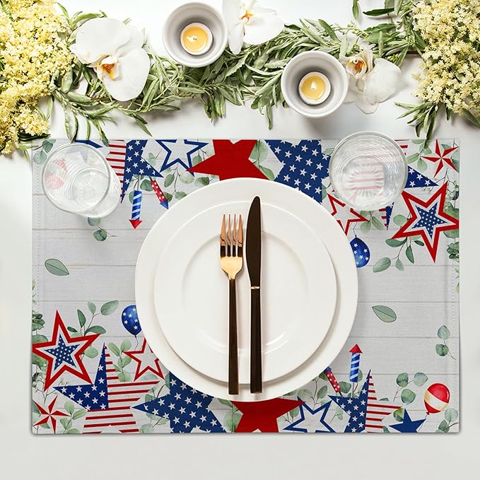 4th of July Placemats Set of 4 Patriotic America Flag Stars Rectangle Table Mats 12x18 Inch Country Rustic Holiday Kitchen Dining Home Outdoor Party Table Decoration