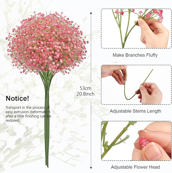N&T NIETING Babys Breath Artificial Flowers Bulk, 24Pcs Fake Gypsophila Bouquet Flowers Real Touch Faux Babies Breath Arrangement for Wedding Floral Party Home Centerpieces Vase Decoration, Pink