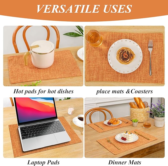 SHACOS Fabric Placemats Set of 6 Washable Heat Resistant Place Mats Non Slip Thick Cloth Placemats Reversible Table Mats Indoor Outdoor Home Wedding Table Decor, Orange